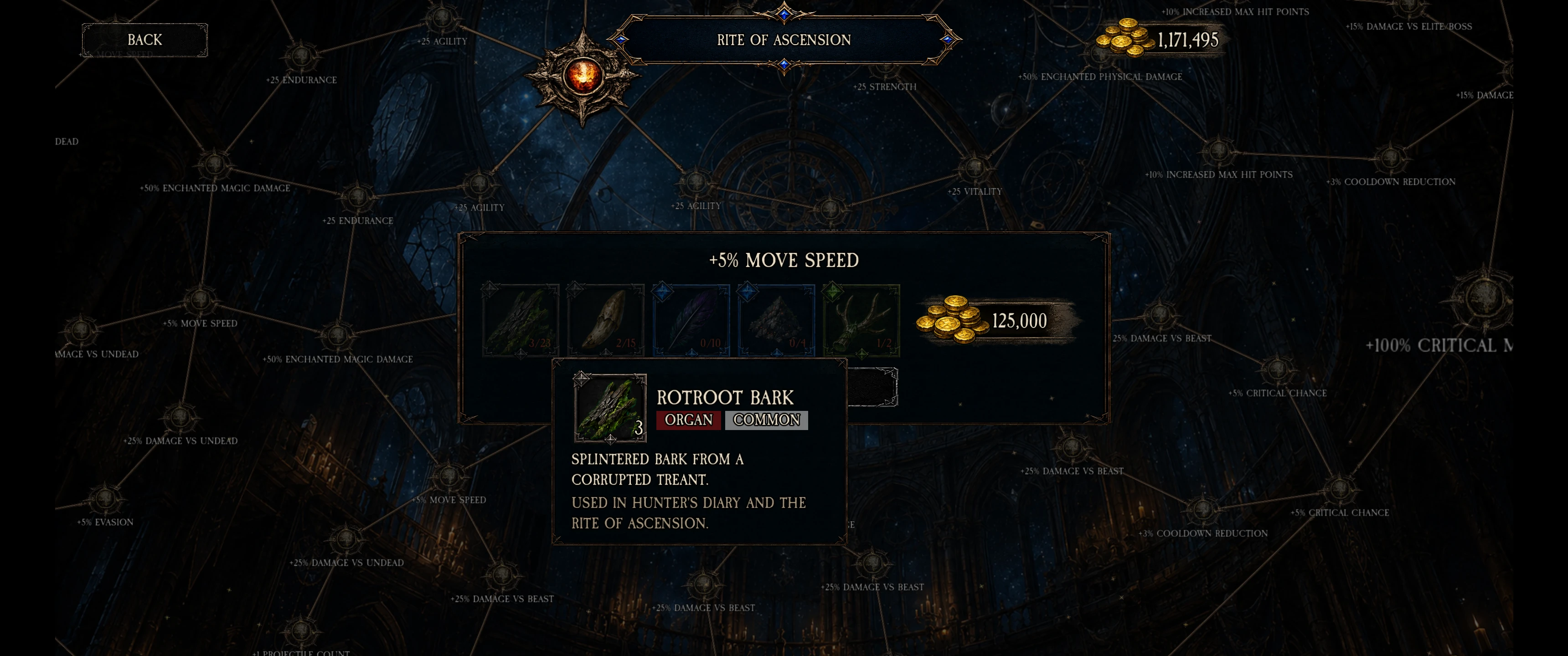 Redesigned Rite of Ascension screen with node requirements