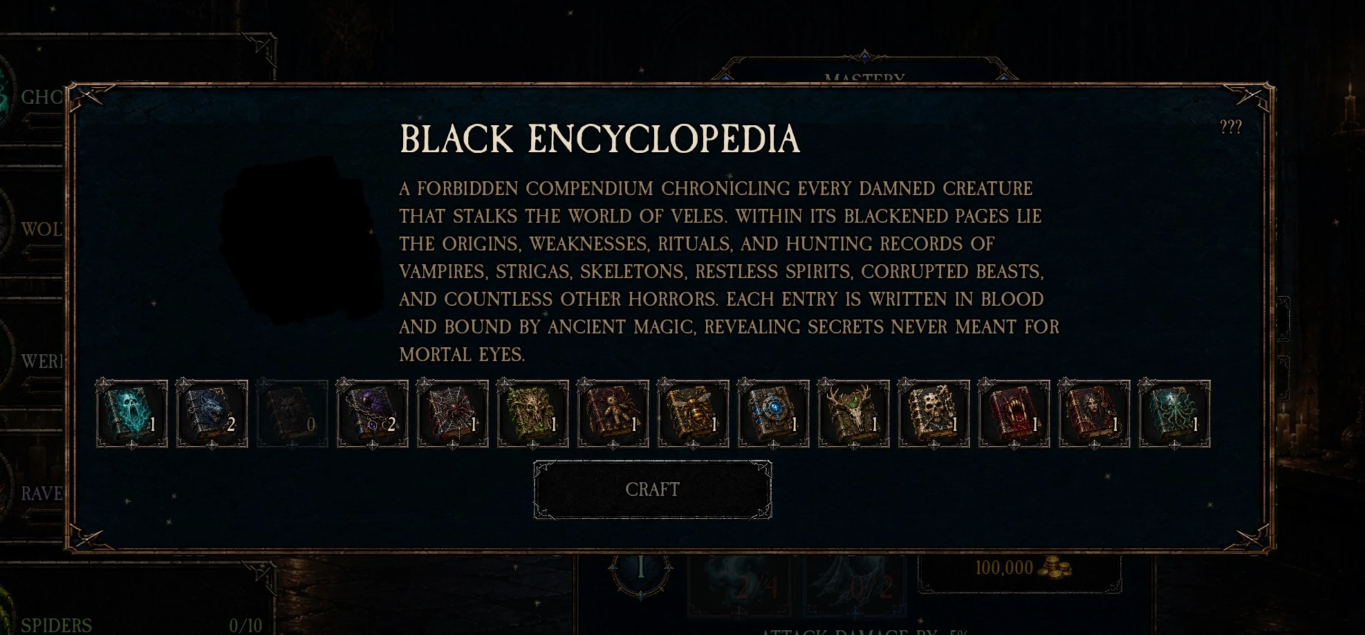 Black Encyclopedia crafting screen showing the fourteen required Compendiums