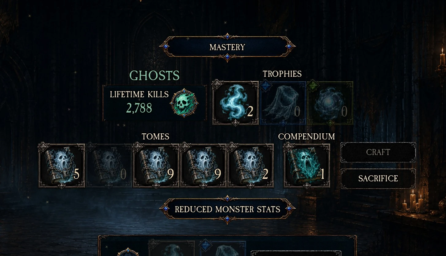 Ghost mastery screen showing five Tome volumes, a crafted Ghost Compendium, and the sacrifice action
