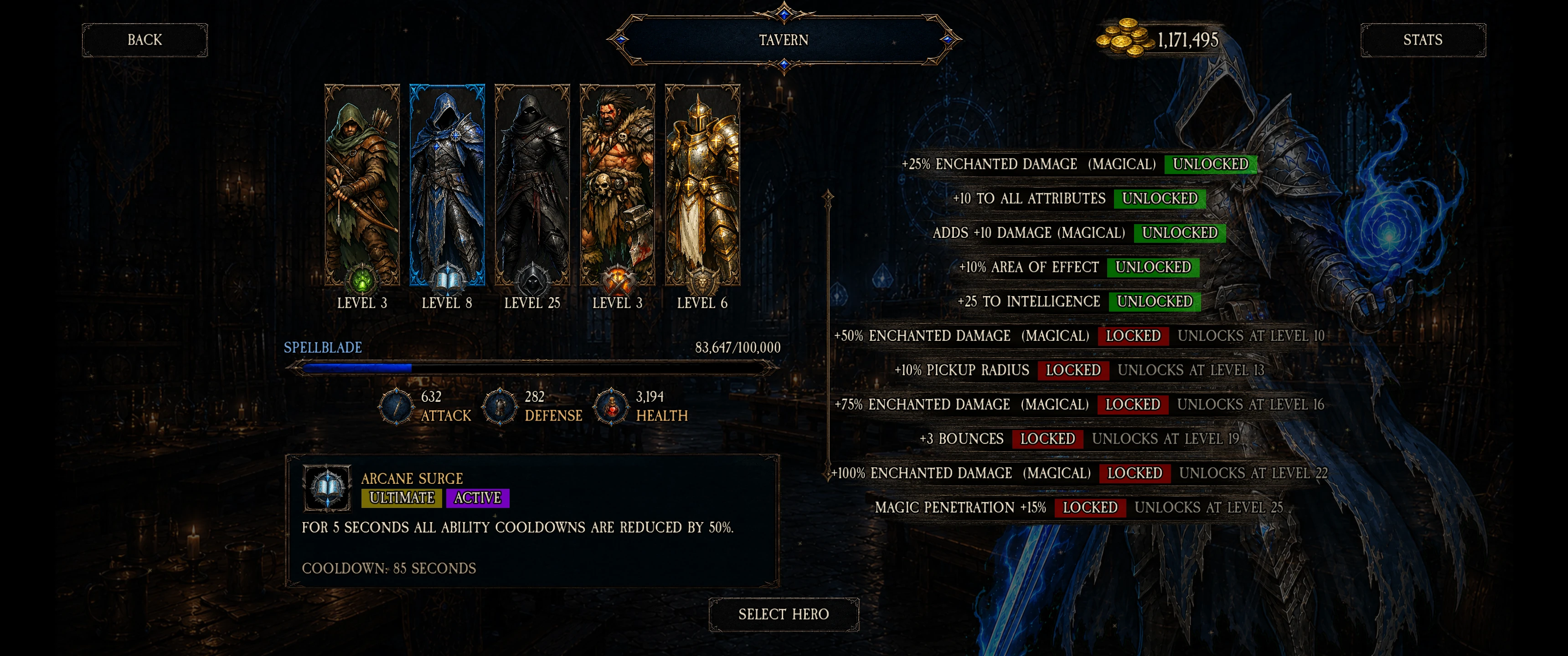 Version 2.0.0 Tavern showing hero selection and progression