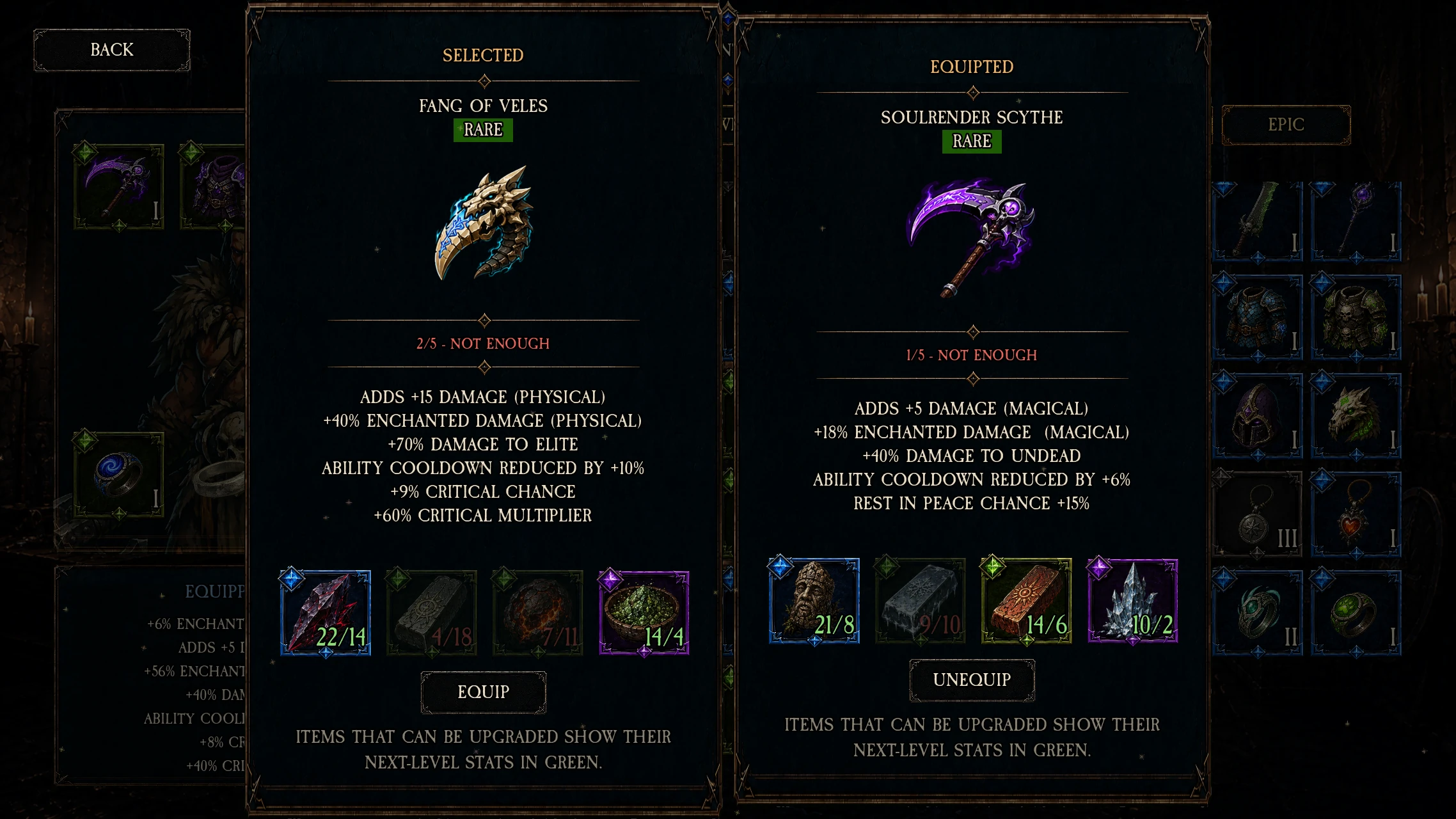 Version 2.0.0 inventory comparison showing selected and equipped item stats
