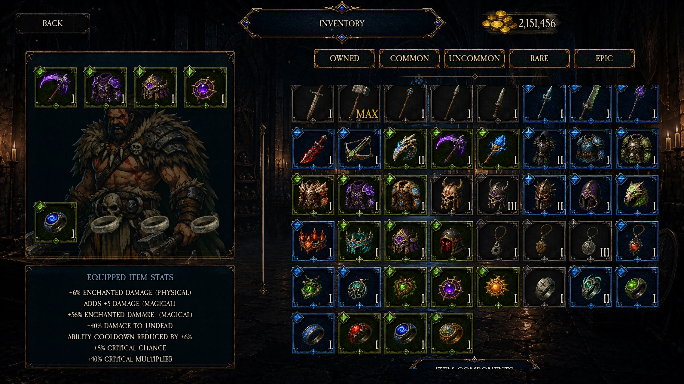 Redesigned inventory screen with equipped gear and item collection