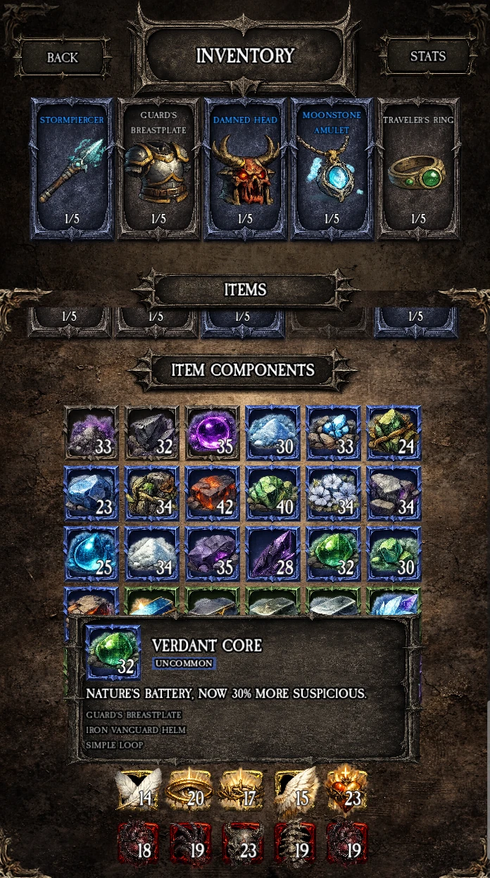 Inventory screen showing item details