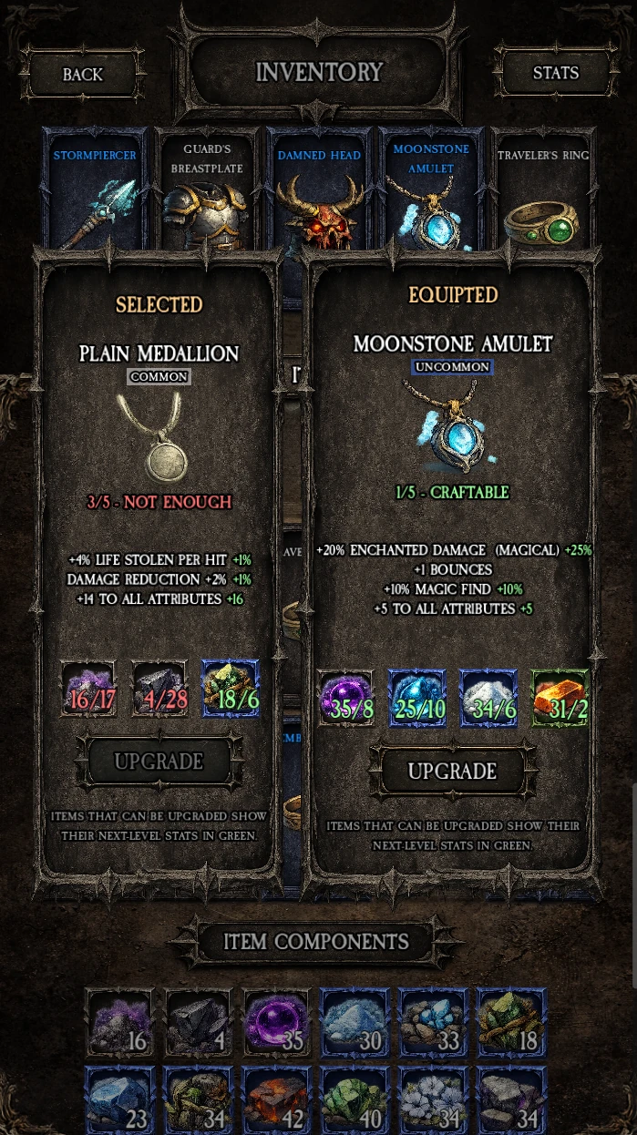 Inventory screen showing discovered items