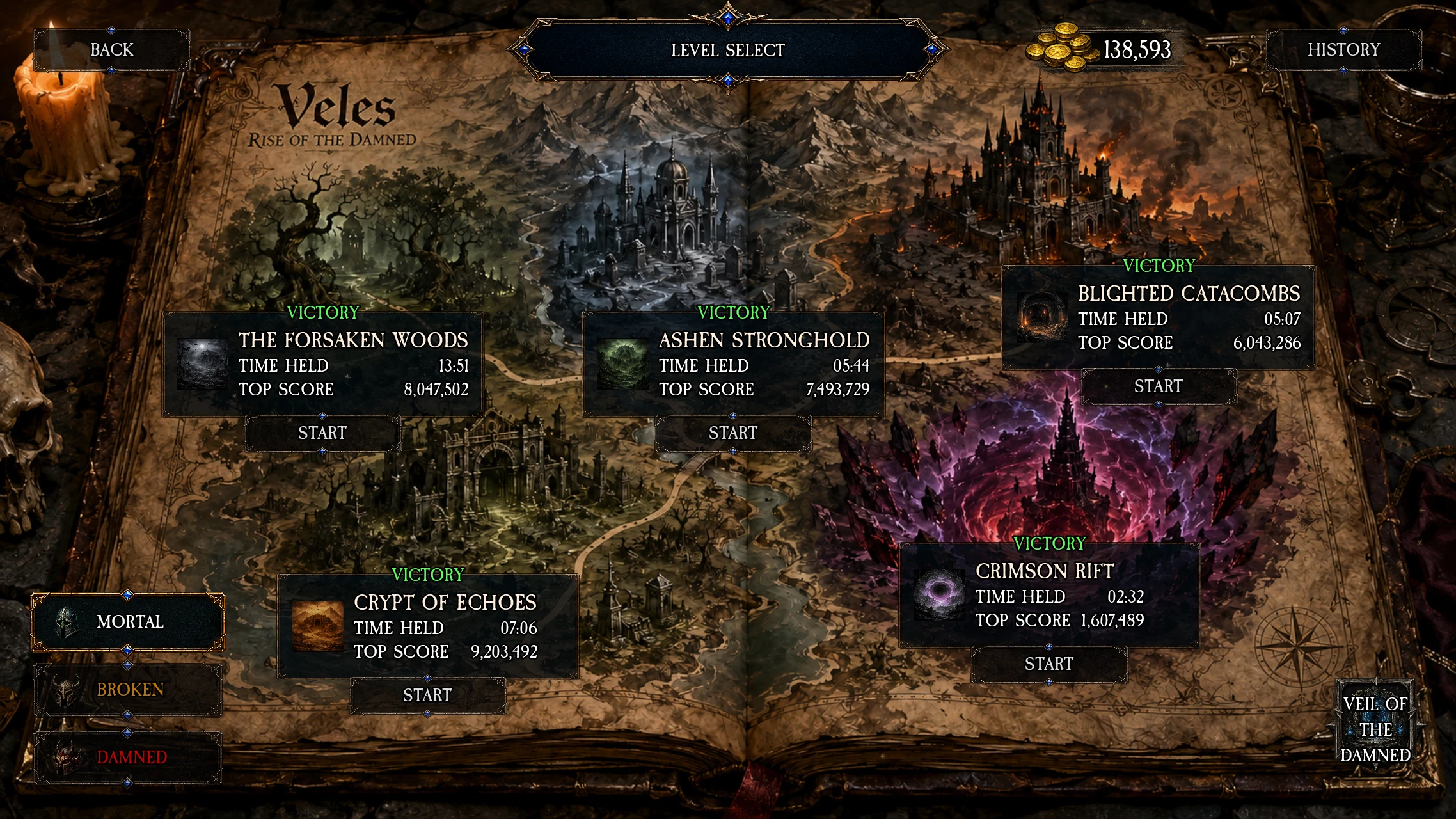 Version 2.0.0 level selection map showing five cursed destinations