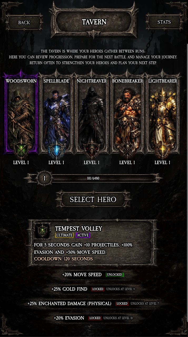 Tavern screen showing hero selection and progression